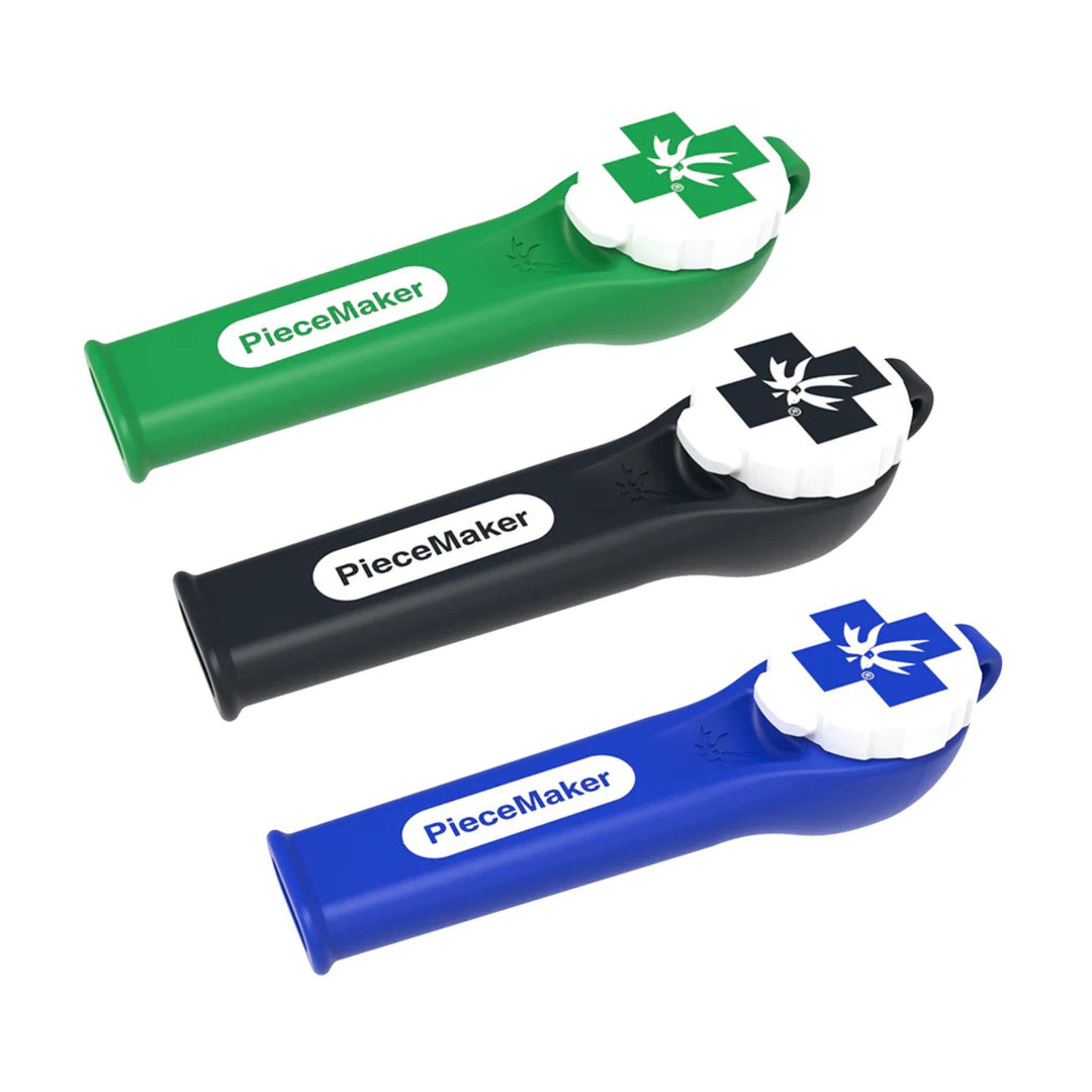 "Three 'PieceMaker' silicone hand pipes in green, black, and blue on a white background," - Up N Smoke.