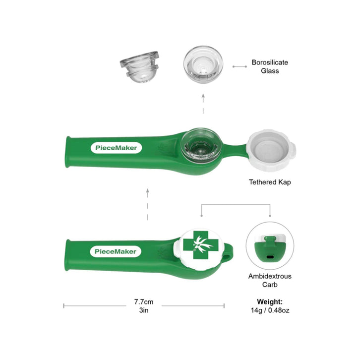 "A green Kiwi Piecemaker Silicone Pipe with labeled parts and specifications on a white background," - Up N Smoke.