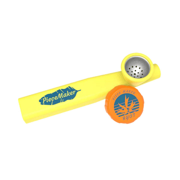 "A Yuca Yellow PieceMaker Kazili Silicone Pipe that has a bowl-saver cap and a stainless steel removable bowl," - Up N Smoke.