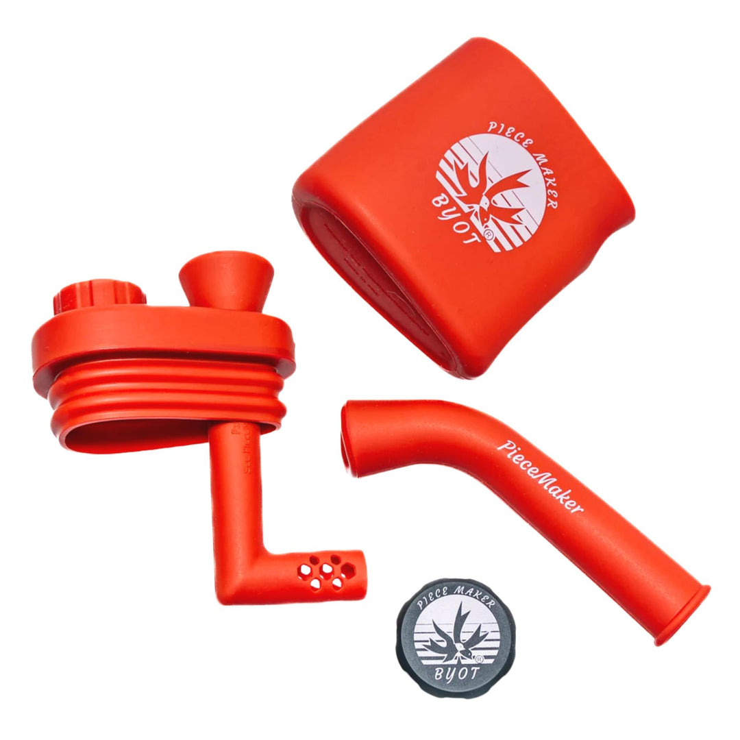 PieceMaker Silicone Klutch Water Pipe red color with all parts spread put on a white background - Up N Smoke