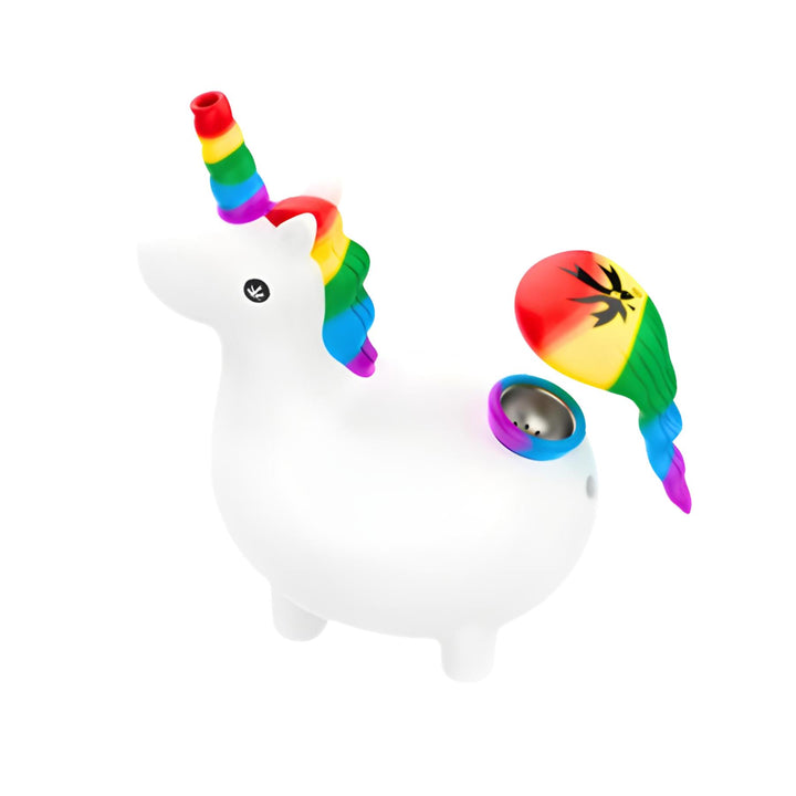 Unicorn-shaped water pipe with rainbow colors on a white background - Up N Smoke