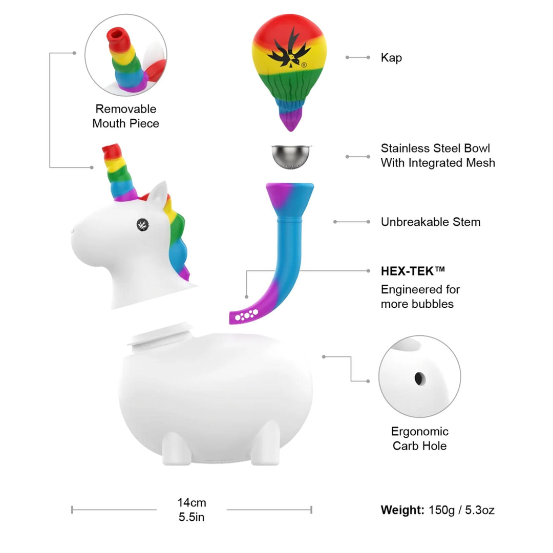  unicorn-shaped silicone water pipe with labeled parts on a white background - Up N Smoke