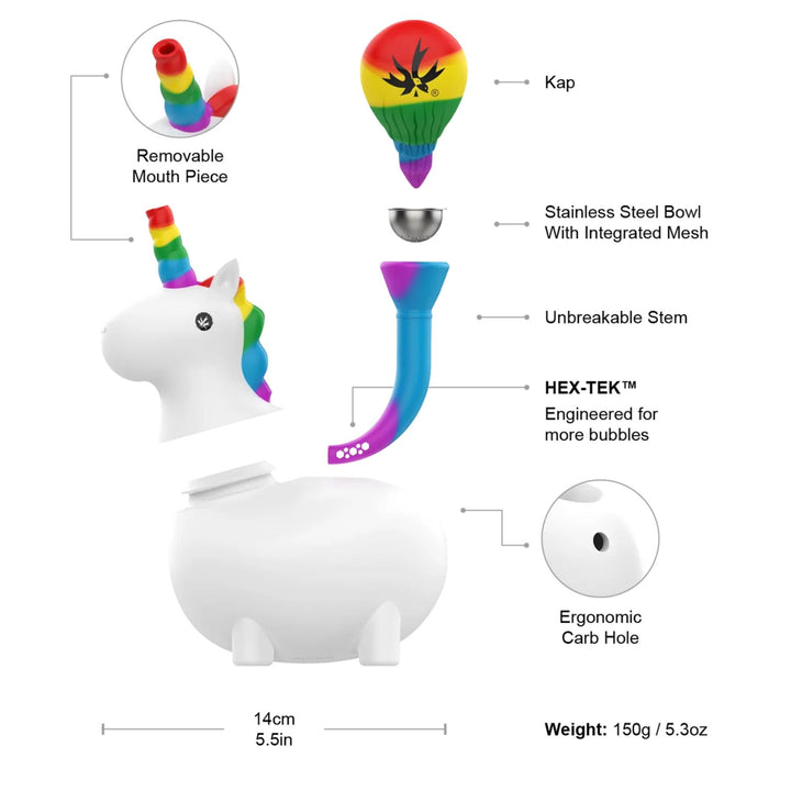  unicorn-shaped silicone water pipe with labeled parts on a white background - Up N Smoke