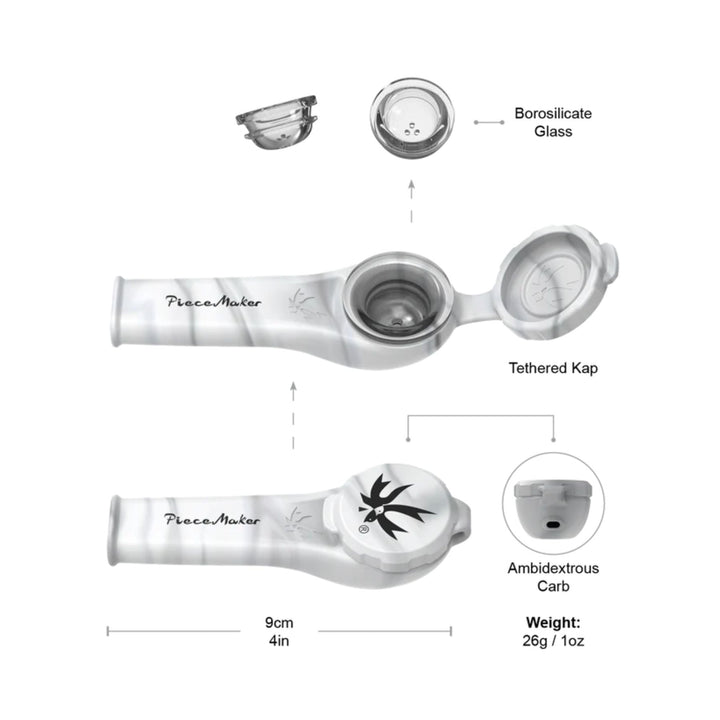 "Diagram of a Piecemaker Kayo Karma Silicone Pipe with labeled parts on a white background," - Up N Smoke.