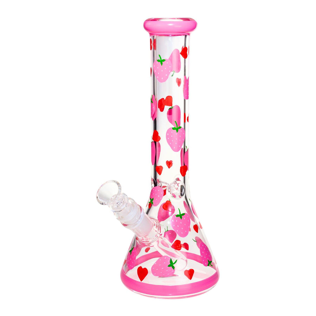 "A clear glass water pipe featuring a pink strawberry and red heart design. The pipe has a sturdy beaker base, a pink mouthpiece, and a built-in ice catcher for cooling. It measures 10 inches tall." - Up N Smoke.