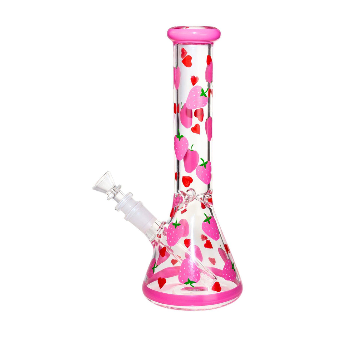 "A clear borosilicate glass water pipe with a cute pink strawberry and red heart pattern, featuring a beaker-shaped base, pink accents on the mouthpiece, and a built-in ice catcher. The pipe stands 10 inches tall." - Up N Smoke.