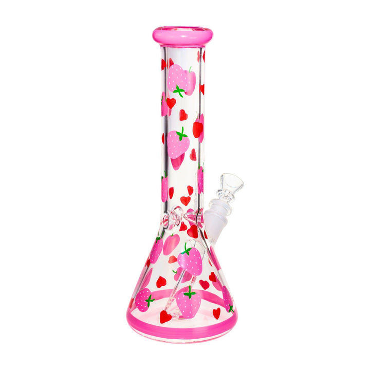 "A 10-inch glass water pipe adorned with pink strawberries and red hearts, featuring a beaker base and pink rimmed mouthpiece, along with an ice catcher for smooth, cool hits." - Up N Smoke.