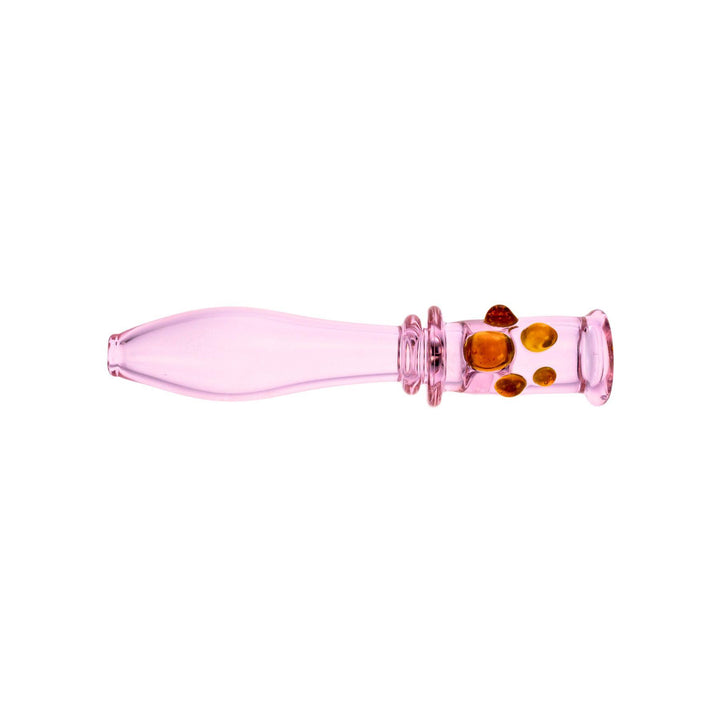 "A 4.75-inch pink Washboard Chillum, hand-crafted using the inside-out Maria technique. This piece has a deep bowl decorated with three pink dots, adding style and preventing rolling. Made in America for cooler, smoother hits." - Up N Smoke.