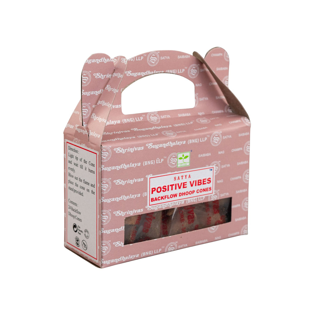 Pink packaging Satya Backflow Incense cones scent Positive Vibes box on a white background