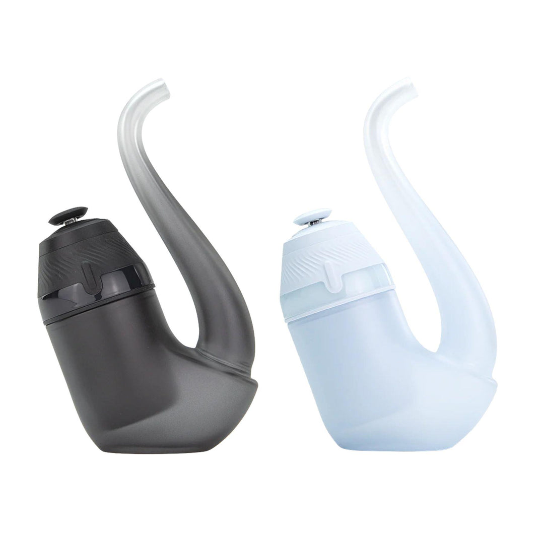 "Two Puffco Proxy 2.0 Vaporizers in the colors Onyx and Haze on a white background," - Up N Smoke.