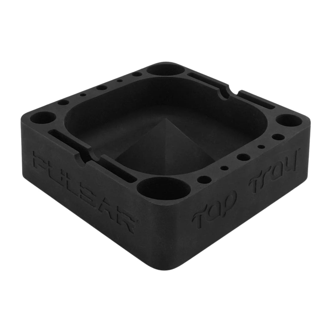 "Side-angle of a black silicone ashtray made by Pulsar on a white background," - Up N Smoke.