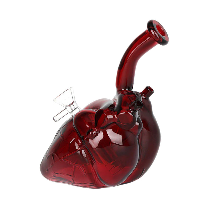 "Left side of a Pulsar Anatomical Heart Bubbler on a white background," - Up N Smoke.