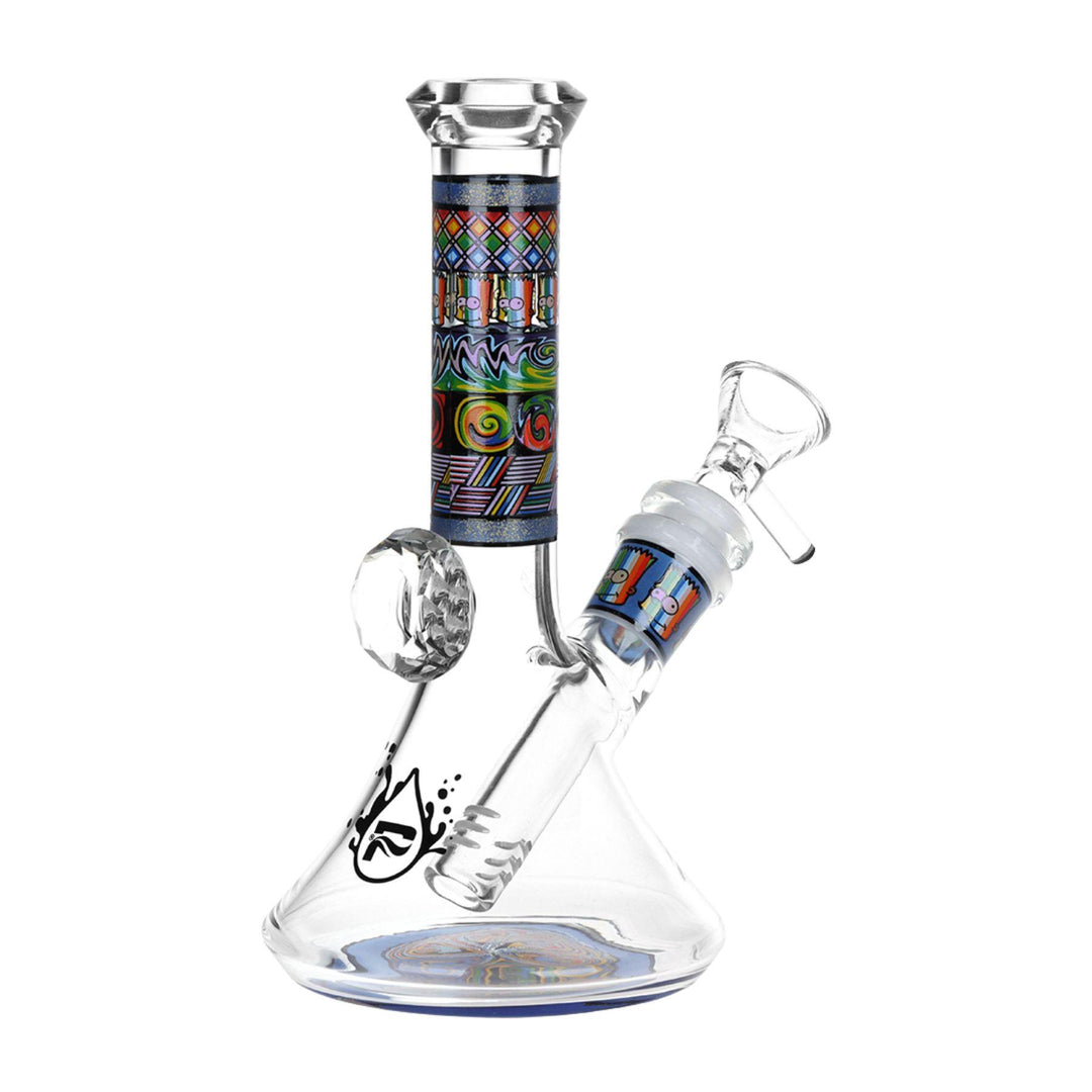 "Back-side view of a blue Pulsar Bart Mosaic Beaker on a white background," - Up N Smoke.