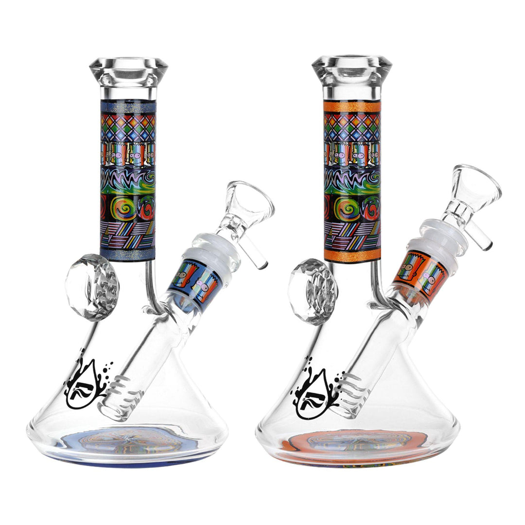 "Two Pulsar glass water pipes with colorful designs on a white background," - Up N Smoke.
