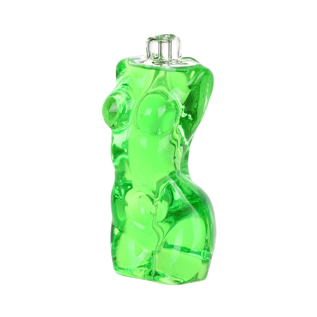 "A green Pulsar Buxom Glycerin Hand Pipe on a white background. This piece can be frozen for chilled sessions," - Up N Smoke.