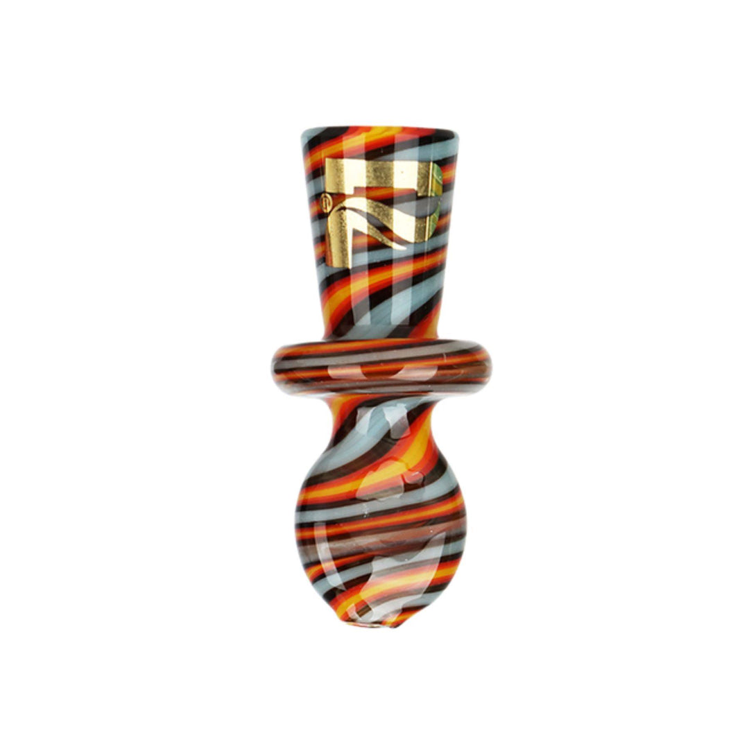 "A 1.75'' Pulsar Cone Holder in the variation Fire with Blue on a white background," - Up N Smoke.