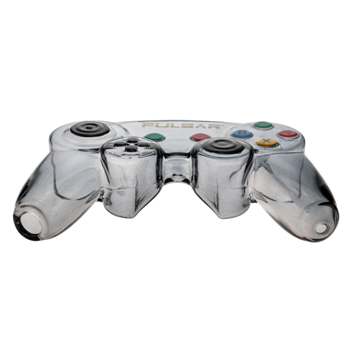 "Side angle of a Pulsar Game Controller Hand Pipe laying flat on a white background," - Up N Smoke.