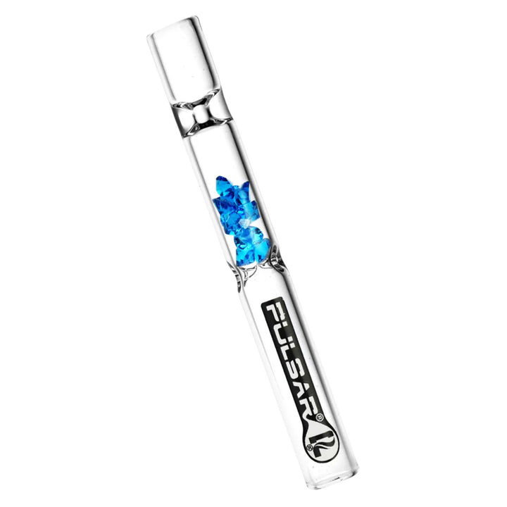 "Blue Pulsar Gem Chillum on a white background," - Up N Smoke.