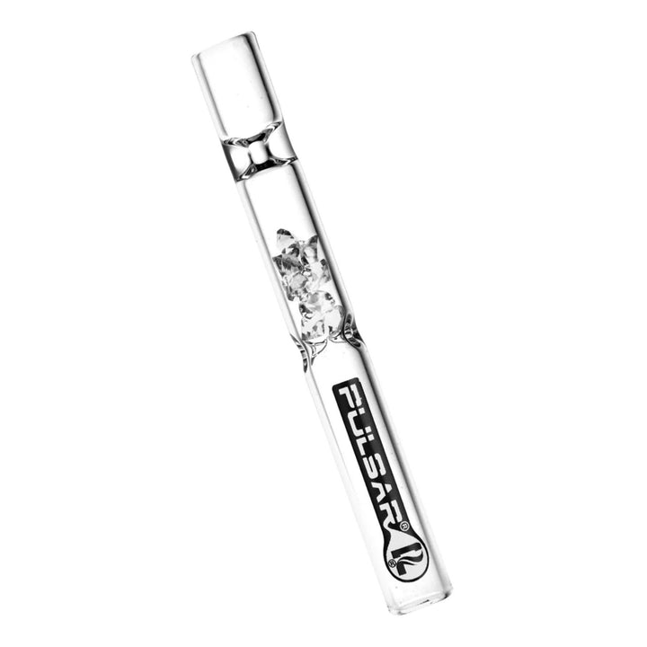 "Clear Pulsar Gem Chillum on a white background," - Up N Smoke.