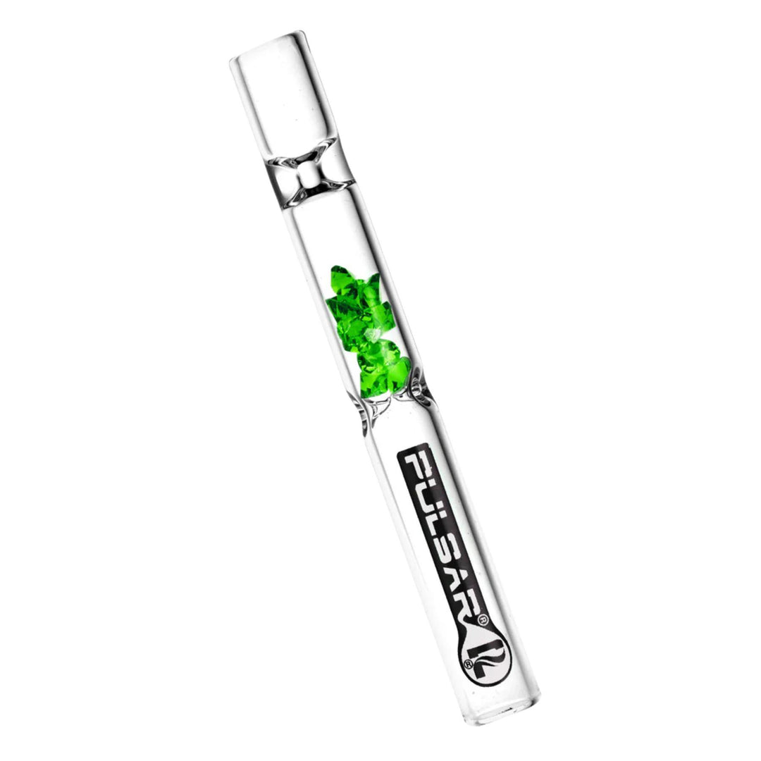 "Green Pulsar Gem Chillum on a white background," - Up N Smoke.