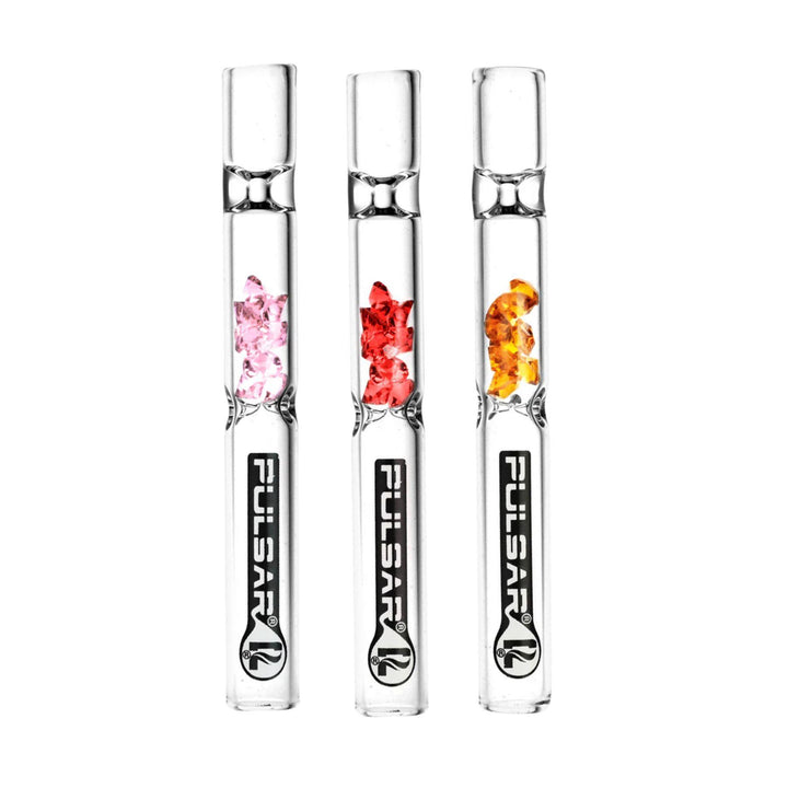 "Three glass Pulsar Gem Chillums in the color variations pink, red and amber on a white background," - Up N Smoke.