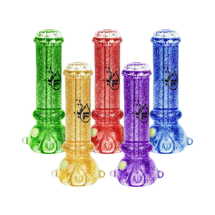 "Group photo of Pulsar Glitter Glycerin Chillums. They come in green, yellow/gold, red, purple and blue." - Up N Smoke.