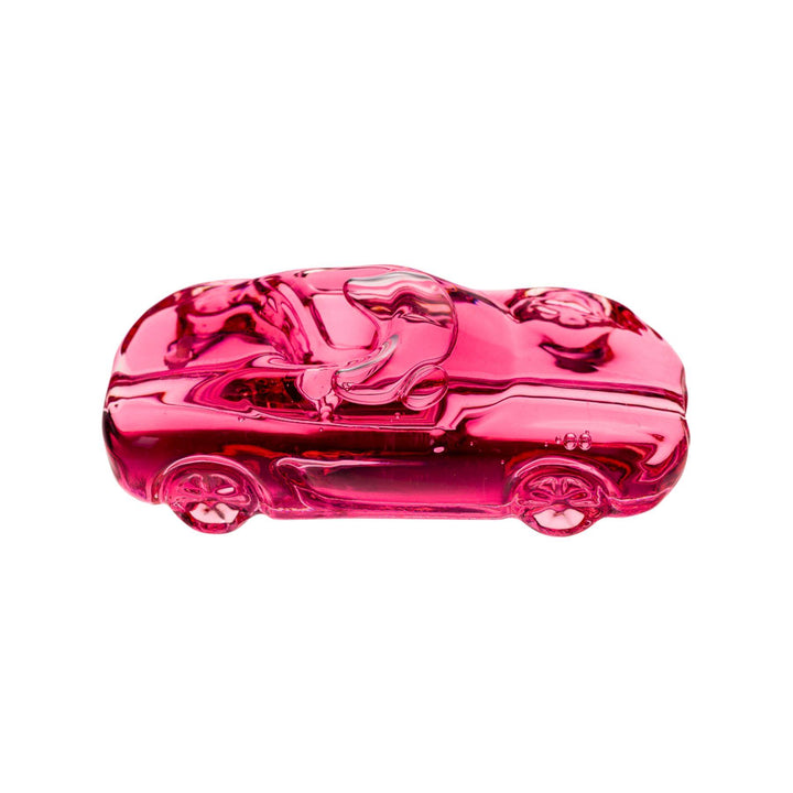 "Right side shot of a pink Pulsar Glycerin Racing Car Hand Pipe. This glass piece can be frozen for smoother sessions." - Up N Smoke.