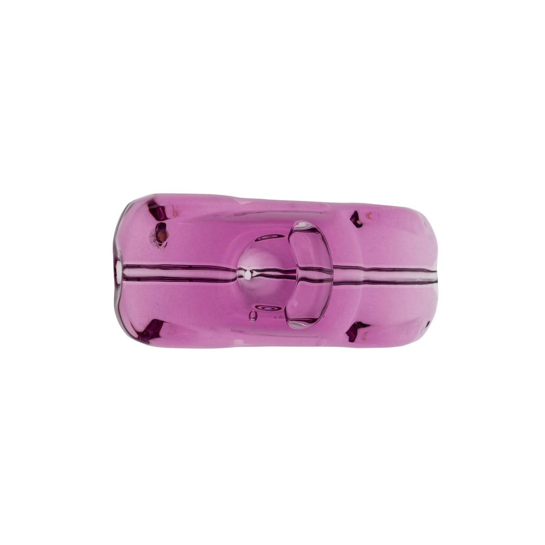 "Top down studio shot of a purple glycerin hand pipe by Pulsar, in the shape of a racing car. This piece can be iced for smoother hits." - Up N Smoke.