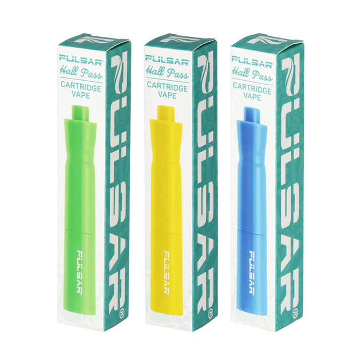 "Three boxes of Pulsar vape cartridges in green, yellow, and blue on a white background," - Down to Earth.