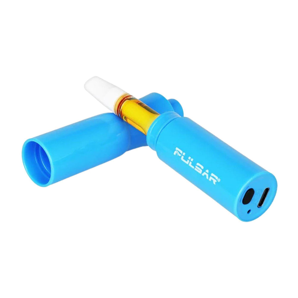 "Blue Pulsar Hall Pass Cart Battery with a cartridge on a white background," - Up N Smoke.