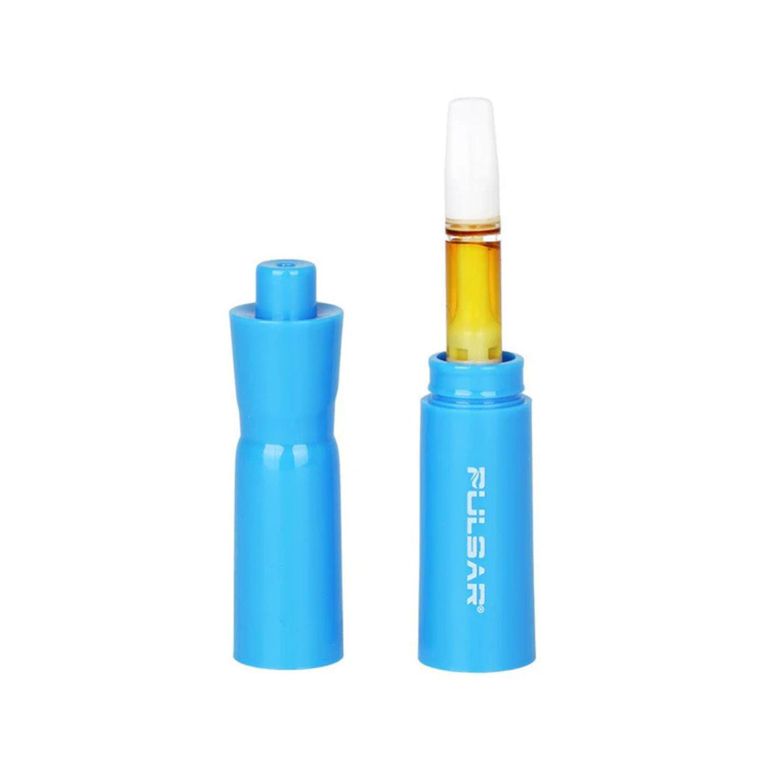"Blue Pulsar Hall Pass Cart Battery with its cap removed to showcase the discreet cart within on a white background," - Up N Smoke.
