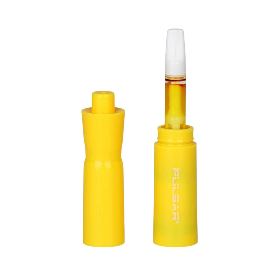 "Yellow Pulsar Hall Pass Cart Battery with its cap removed on a white background," - Up N Smoke.