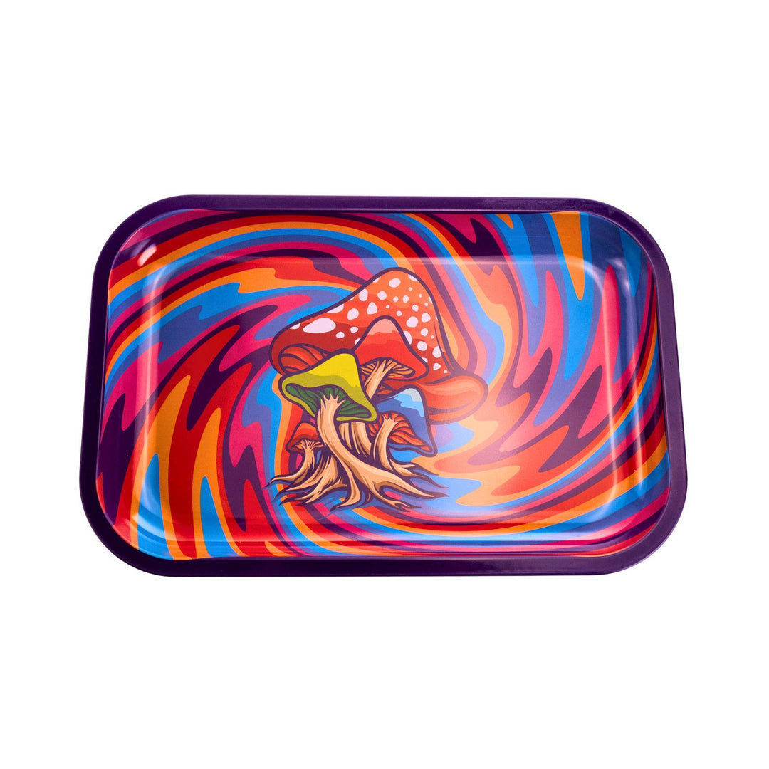 "A frontal photograph of a Pulsar Rainbow Swirl Mushroom Rolling Tray. The design features colorful mushrooms in the center with bold colors swirling around it." - Up N Smoke.