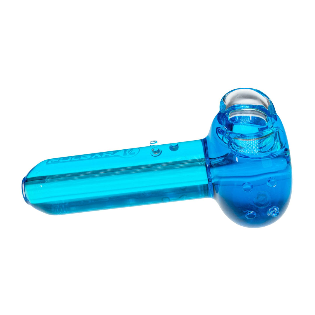 "Right-side of a light blue Pulsar Glycerin Herb Spoon on a white background," - Up N Smoke.