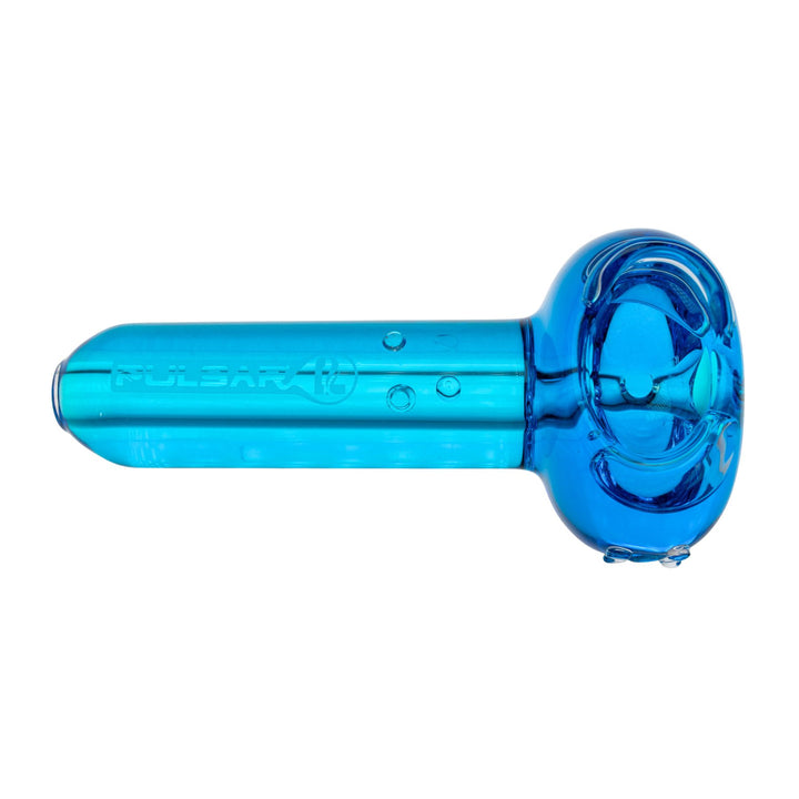 "Top-down view of a light blue Pulsar Glycerin Herb Spoon on a white background," - Up N Smoke.