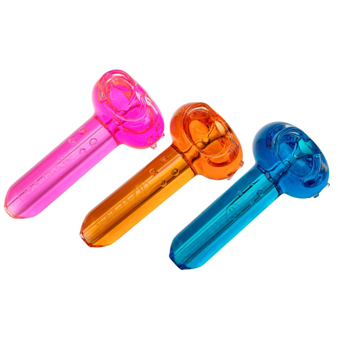 "Three vibrant glycerin Pulsar herb spoons in the colors pink, orange, and blue. These pieces can be frozen for cooler sessions," - Up N Smoke.