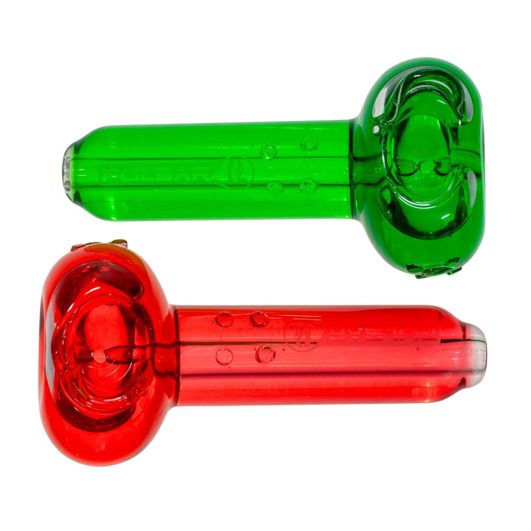 "Red and green Pulsar glycerin hand pipes on a white background," - Up N Smoke.