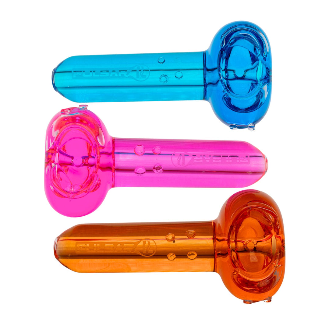 "Three Pulsar glycerin herb spoons in the colors blue, pink, and orange. These pieces can be frozen for a cooler smoke sesh," - Up N Smoke.