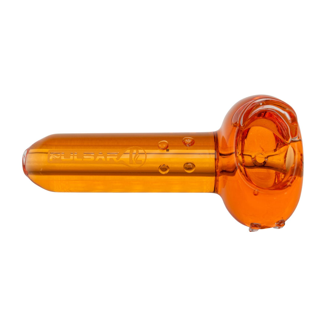 "Top-down view of an orange Pulsar Glycerin Herb Spoon that can be frozen for chilled smoke sessions," - Up N Smoke.