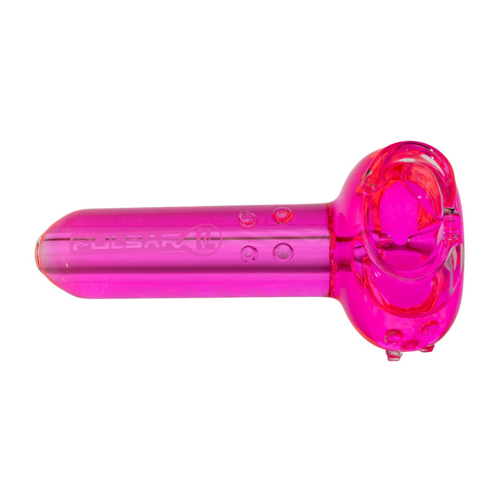 "Top-down view of a pink Pulsar Glycerin Herb Spoon on a white background," - Up N Smoke.