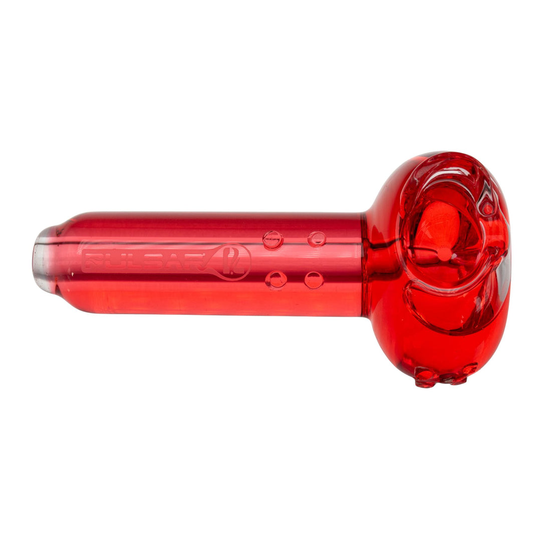 "Top-down view of a red Pulsar Glycerin Herb Spoon on a white background," - Up N Smoke.