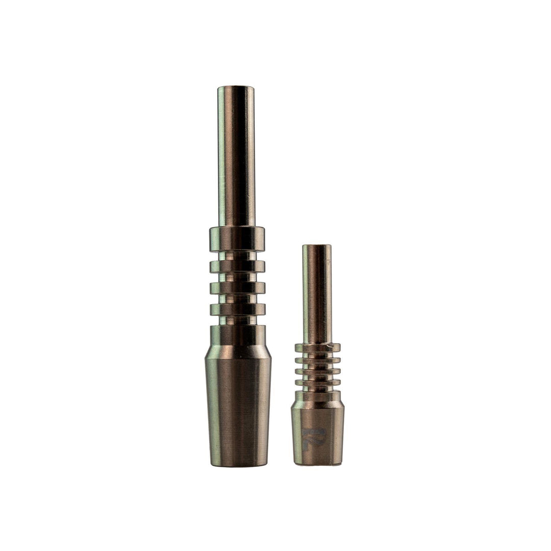"Two Pulsar Titanium Nectar Collector Tips in the sizes 10mm and 14mm on a white background," - Up N Smoke.