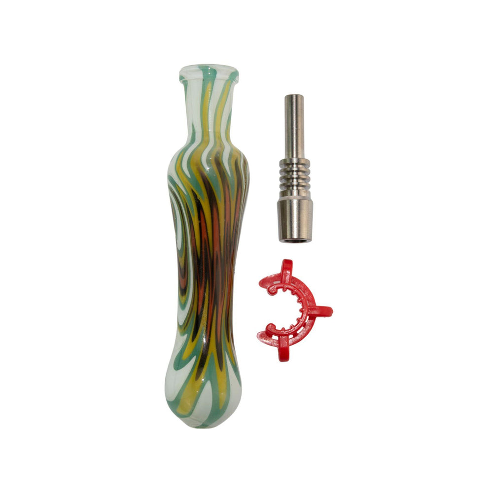 "Pulsar Titanium Wig Wag Nectar Collector with all the compartments separated on a white background," - Up N Smoke.