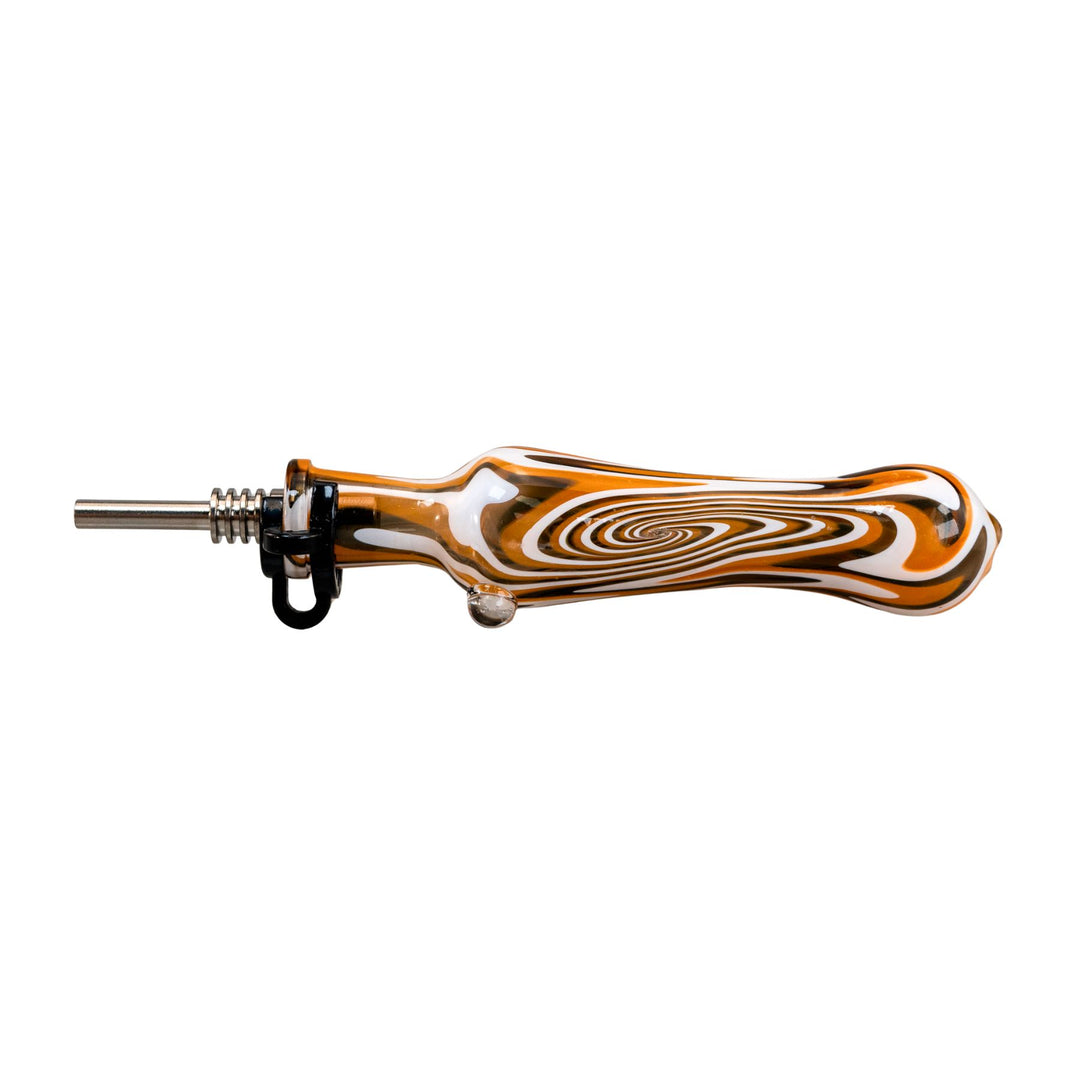 "Pulsar Wig Wag Nectar Collector with an orange and grey swirling design and a titanium tip," - Up N Smoke.