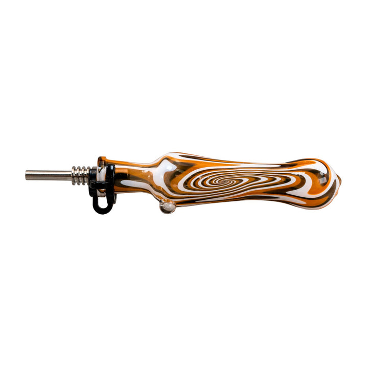 "Pulsar Wig Wag Nectar Collector with an orange and grey swirling design and a titanium tip," - Up N Smoke.