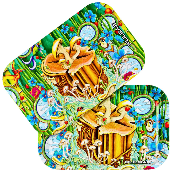 Colorful mushroom-themed rolling tray with matching magnetic lid - Up N Smoke