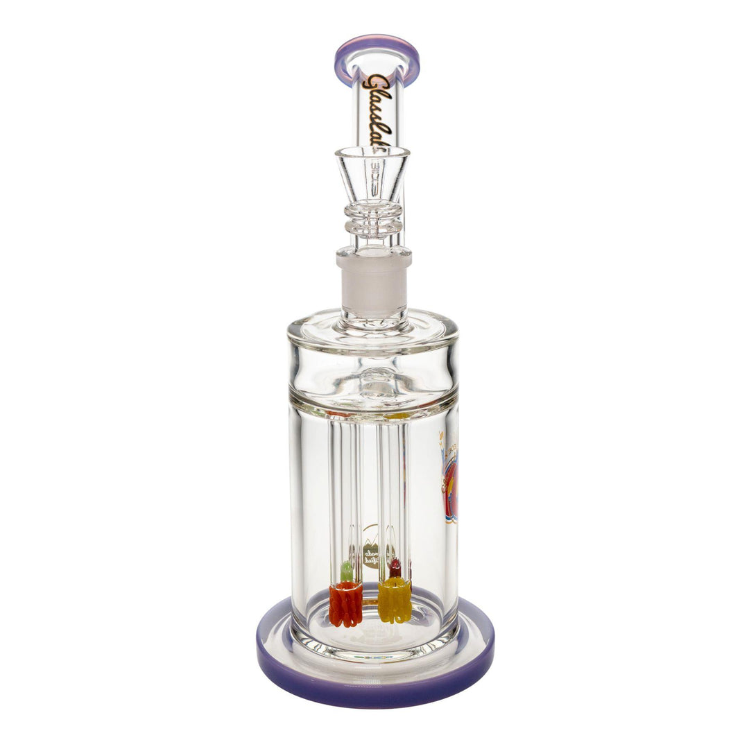 "Front of a Quadruple Colored Lace Water Pipe made by Glass Lab 303 on a white background," - Up N Smoke.