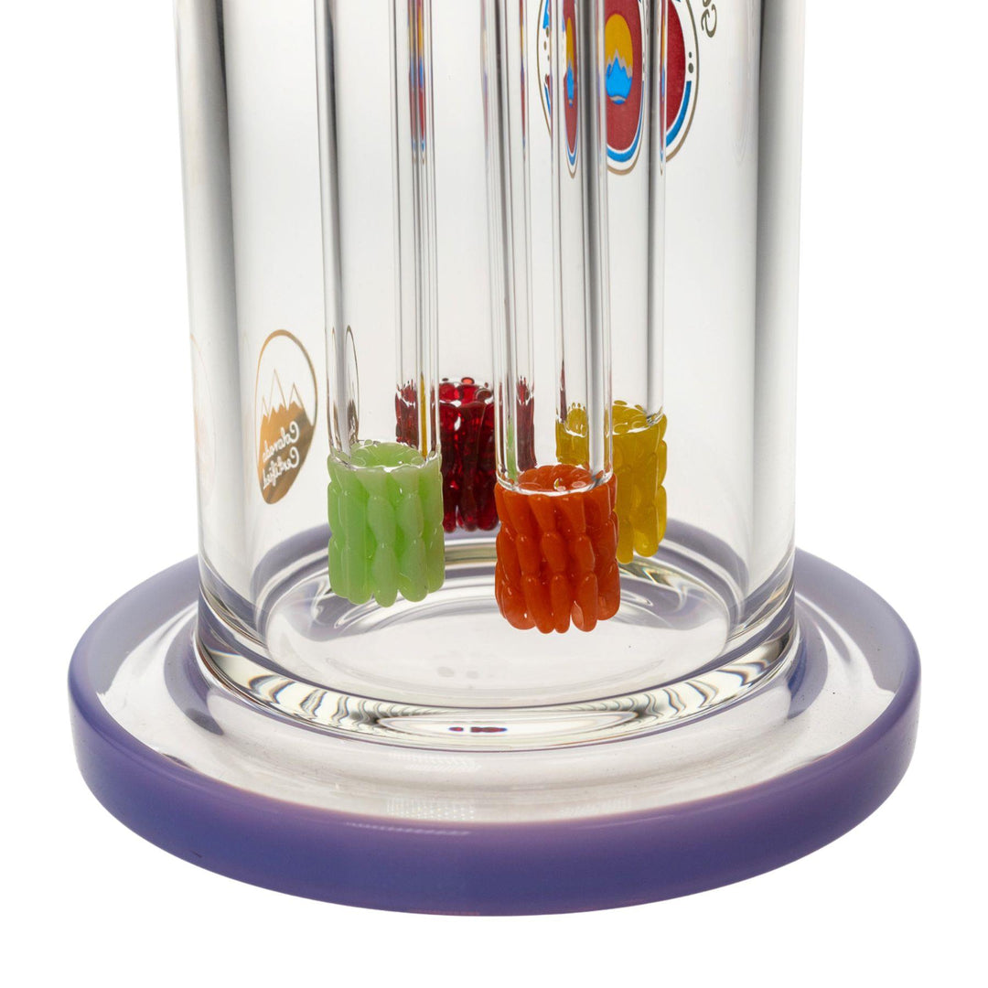 "Close-up of the interior of a Quadruple Colored Lace Water Pipe made by Glass Lab 303 on a white background," - Up N Smoke.