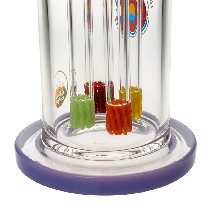 "Close-up of the interior of a Quadruple Colored Lace Water Pipe made by Glass Lab 303 on a white background," - Up N Smoke.