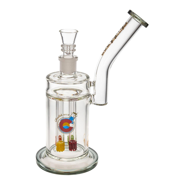 "Left-side of a Glass Lab 303 Quadruple Colored Lace Water Pipe in the variation Smoky," - Up N Smoke.